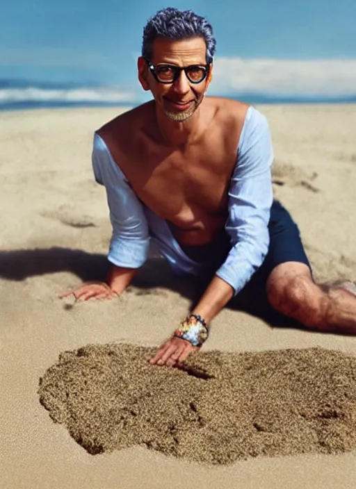 Image similar to jeff goldblum as a banana on the sand of a beach