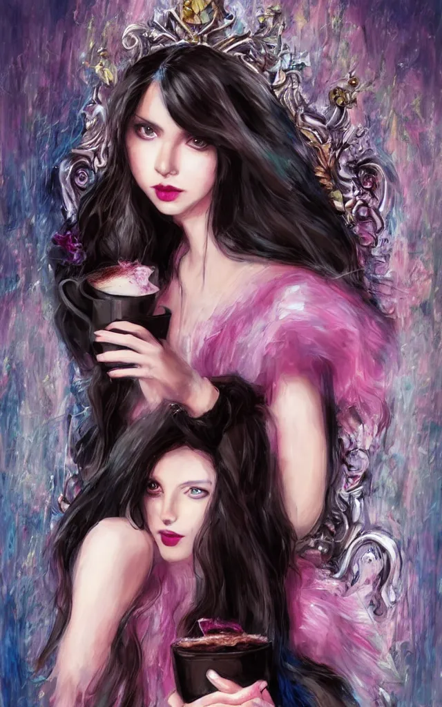 Prompt: beautiful young dark haired girl, with blue eyes, pink lips, dark eye shadow, lois royo style, dark princess of coffee, sitting on a throne drinking coffee.