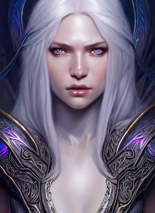 Image similar to iridescent armor!!! long wild white hair!! covered chest!!! fantasy, d & d, intricate ornate details, digital painting, pretty face!!, symmetry, concept art, sharp focus, illustration, art by artgerm! greg rutkowski magali villeneuve wlop! ilya kuvshinov!!, octane render