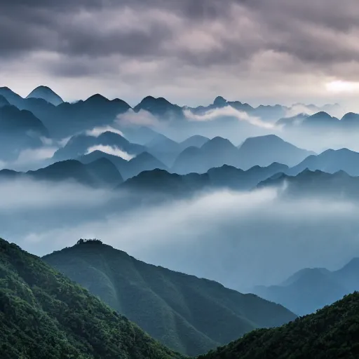 Image similar to Cloudy peaks in southern China, the style of National Geographic magazine