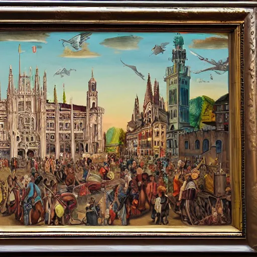 Prompt: city of munich, historical painting, detailed, with dinosaurs - n 4 - w 1 0 2 4