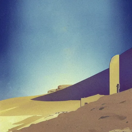 Image similar to [ illustration of a barren desert ] [ old ailen ruins ] [ gauche watercolour soft beautiful colours ] [ moebius, science fiction art ] [ composition, style, key art, cover art ]