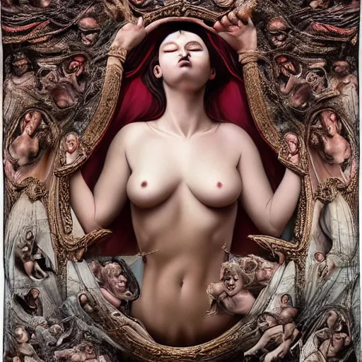 Image similar to the blasphemous caricature of the female body, hyperealistic detailed photography, divinity, awful, religious art