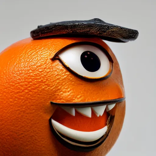 Image similar to a taxidermized annoying orange, in a museum, 8 5 mm lens, 7 0 mm entrance pupil diameter