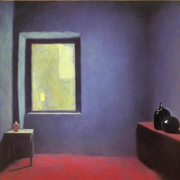 Image similar to the giant boulder, dark obsidian rock of ages filling up the interior of home. high contrast, psichedelic colors. painting by monet, hammershoi, agnes pelton, mark rothko