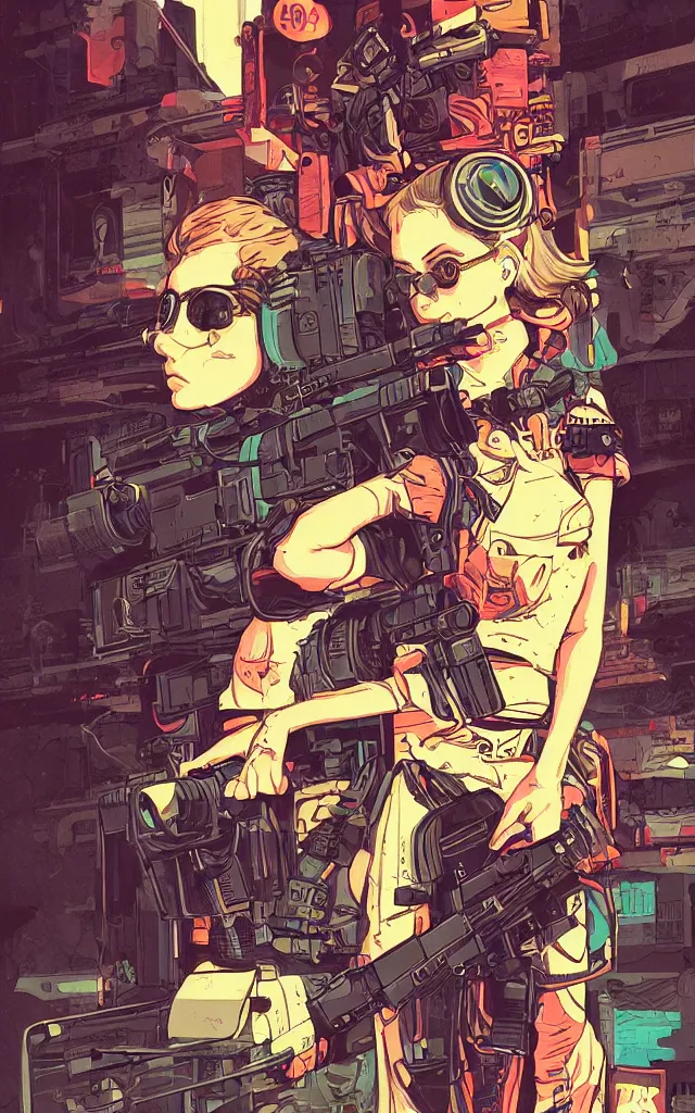 Image similar to very detailed, ilya kuvshinov, mcbess, rutkowski, simon roy, illustration of a cyberpunk military woman, colorful, cinematic composition, studio lighting