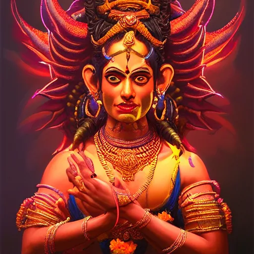 Prompt: portrait of a hindu god kali with a scaly skin and bio-technical parts and high tec VR headset and neon light by Artgerm and Greg Rutkowski , digital painting, highly detailed, trending on artstation