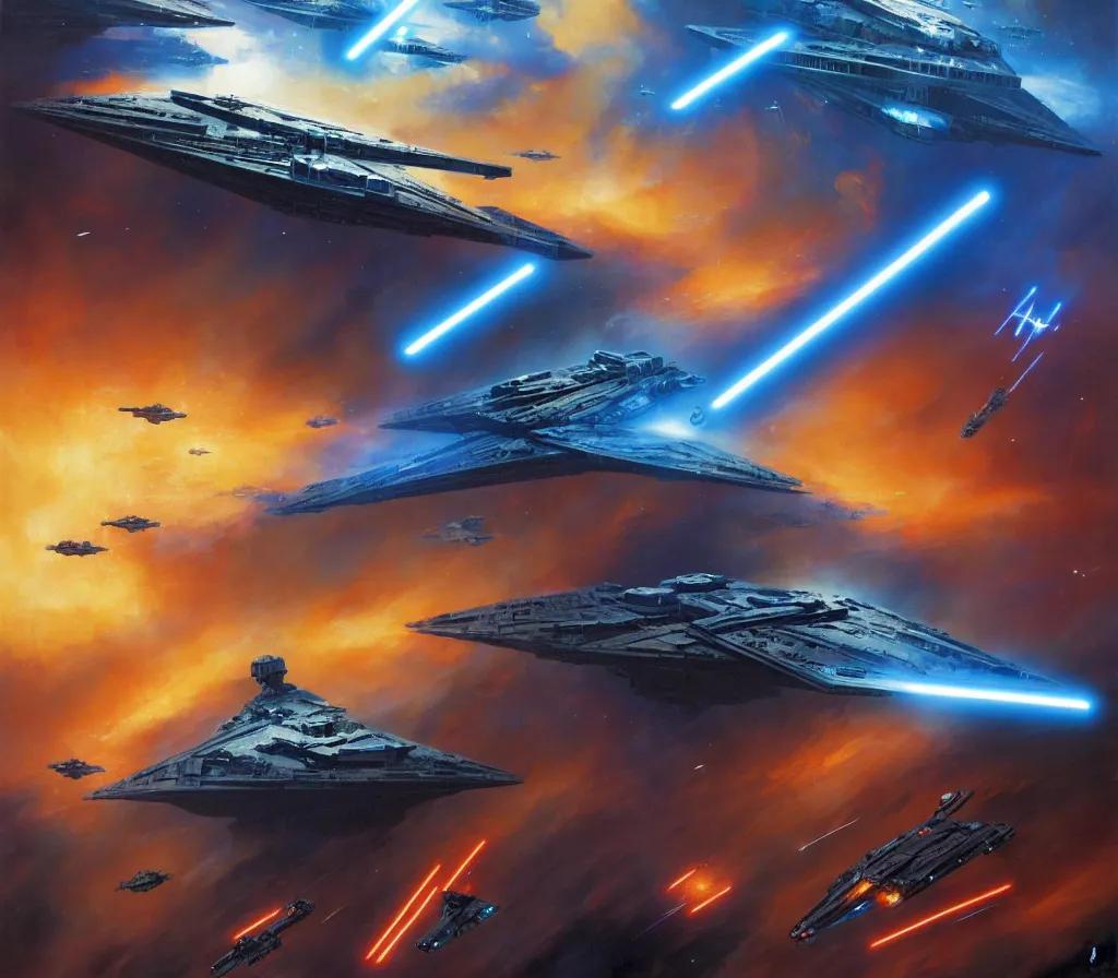 Image similar to ! dream a jedi with a bright blue lightsaber trying to bring down a star destroyer with the force, epic proportions, award winning collaborative painting by geg ruthowski, craig mullins, vincent di fate, john berkey, michael whelan, collaborative artwork, exquisitely high quality and detailed