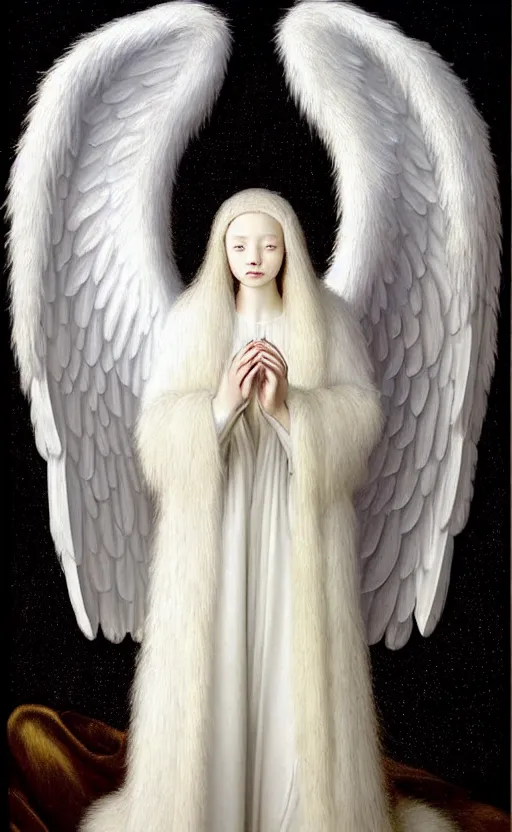 Image similar to highdetailed hyperrealistic painting of white angel!!! no gender!!!, giant ball of miracle light from the chest!!!!!, white sparkles everywhere, 4 k hd fur face!!!, big wings, by jan van eyck, holography space, glow effect, large strokes, white monochrome color!!!!!