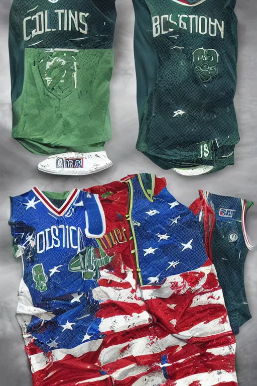 Image similar to boston celtics 4 th of july uniforms, patriotic, god bless america, concept art, red white blue green