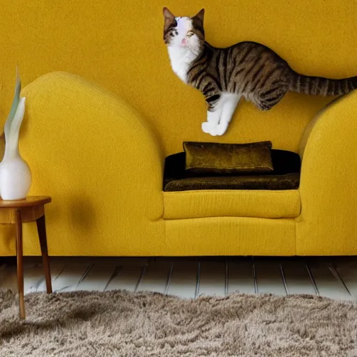 Image similar to cat in living room, cat wearing mustard yellow leisure suit, 7 0's decor, shag carpet, 4 k, 8 k, ultra detailed