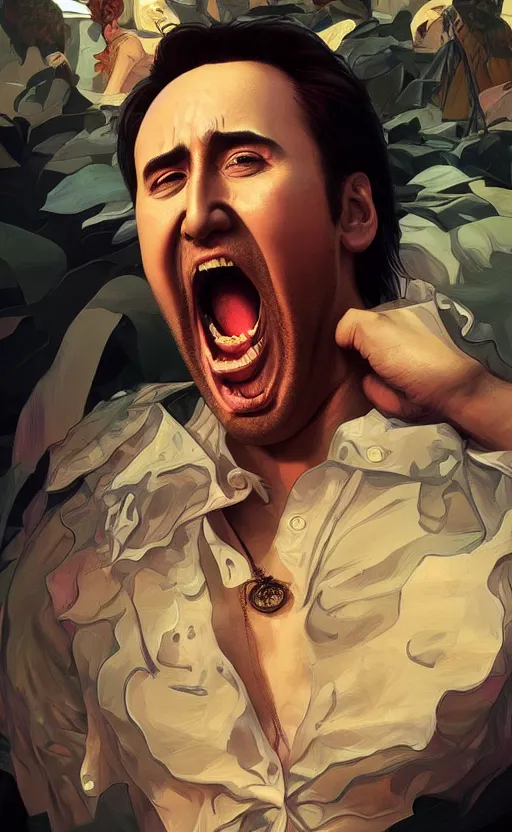 Prompt: nicolas cage screaming , highly detailed, digital painting, artstation, concept art, smooth, sharp focus, illustration, art by artgerm and alphonse mucha, high definition digital art, in the style of ilya kuvshinov and Ross tran