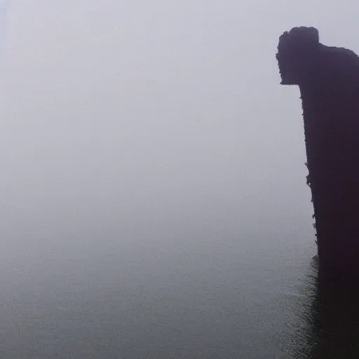 Prompt: a partially submerged rusty moldy barge with a dark human figure standing on the bow in dense fog in still water