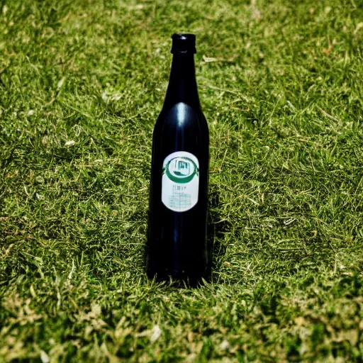 Prompt: symmetrical photo of bottle standing on grass