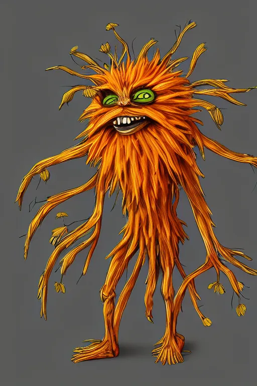 Image similar to a humanoid figure dandelion plant monster, orange eyes, highly detailed, digital art, sharp focus, trending on art station, anime art style