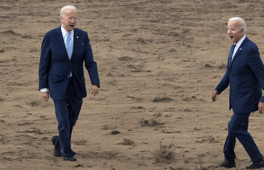 Image similar to a color photo of joe biden walking in a wasteland