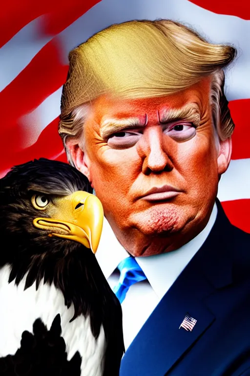 Image similar to Close-up portrait of Donald Trump with an American bald eagle on his head, octane, dramatic lighting, editorial photo, 35mm, very detailed