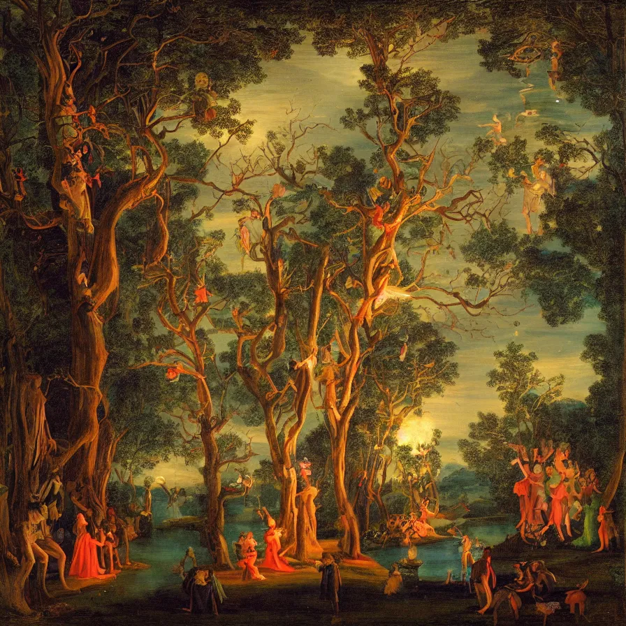 Image similar to a night carnival around a magical tree cavity, with a surreal orange moonlight and fireworks in the background, next to a lake with iridiscent water, christmas lights, folklore animals and people disguised as fantastic creatures in a magical forest by summer night, masterpiece painted by pompeo girolamo batoni, dark night environment