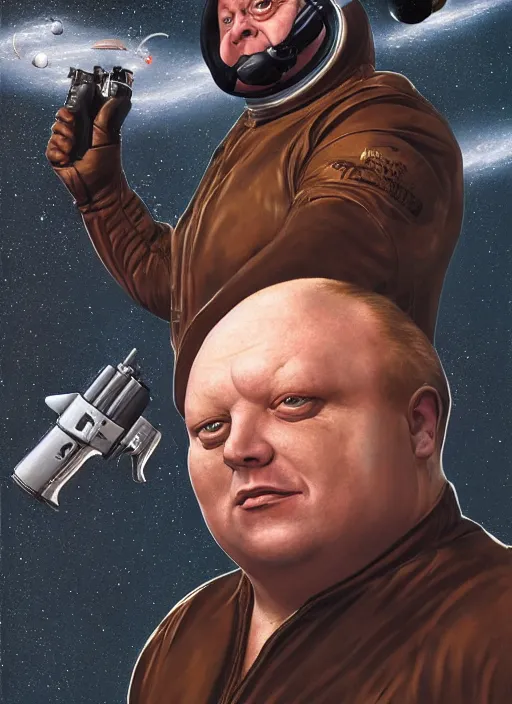 Image similar to upper body portrait of shaun ryder as baron harkonnen wearing a leather spacesuit floating in space and firing a retro ray gun, by normal rockwell, photoreal, character concept art, artstation