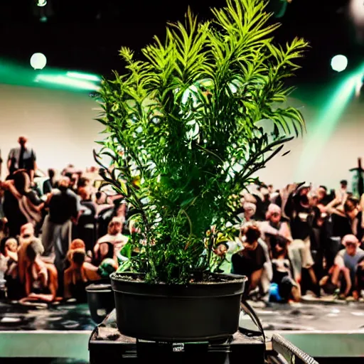 Prompt: a potted plant on a stage at a mosh pit