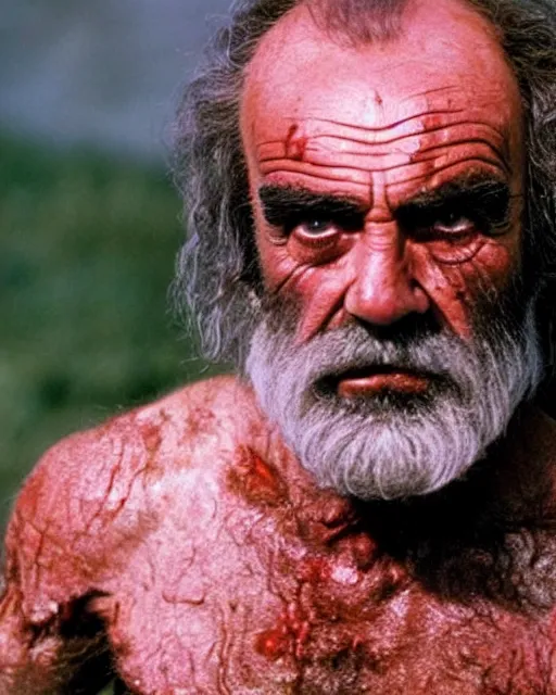 Prompt: an extremely detailed crispy clean 8 k photo ultra detailed of a rough looking frightening zardoz sean connery as a zombie he has all glossy red eyes