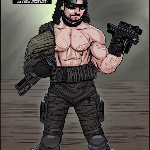 Prompt: muscular man, black vest with no shirt underneath, goggles around his neck, cargo pants, ammo belt, holding a blaster, star wars, long black hair in a ponytail, five o' clock shadow, comic book art, distance shot