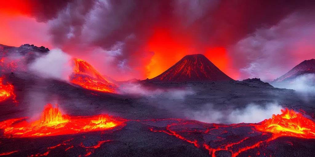 Prompt: landscape photography by marc adamus, lava lake, hell, dramatic lighting, volcanoes, smoke, beautiful