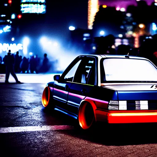 Image similar to a car 190E turbo drift at illegal car meet, Shibuya prefecture, midnight mist lights, cinematic color, photorealistic, highly detailed wheels, highly detailed
