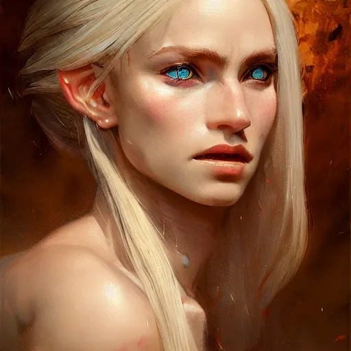 Prompt: A head-on detailed oil portrait of a distinguished elf woman with small cuflhcopper horns, long blonde hair and bright irises, by greg rutkowski, trending on artstation, dungeon and dragons art