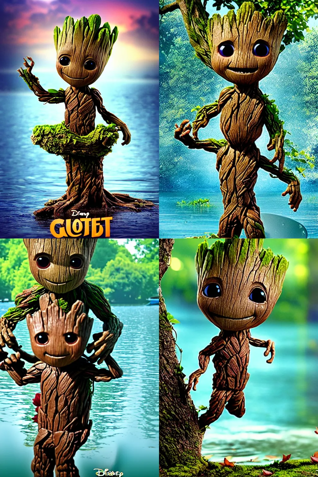 Prompt: little cute Groot takes a bath in the lake, against the backdrop of trees, poster, by disney plus