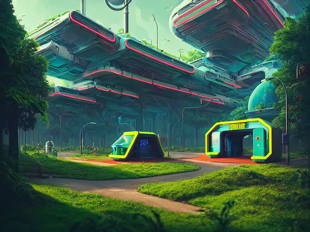 Image similar to 80s futuristic outdoor retro arcade, desolate, lush vegetation:: Simon Stålenhag and beeple and James Gilleard and Justin Gerard :: ornate, dynamic, particulate, intricate, elegant, highly detailed, centered, artstation, smooth, sharp focus, octane render, 3d