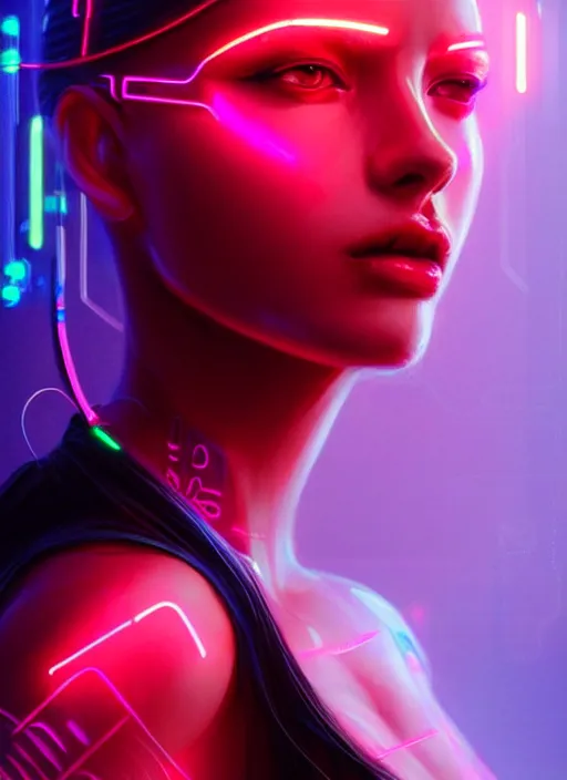 Image similar to photorealistic portrait of female humanoid, cyber neon lights, highly detailed, cyberpunk fashion, elegant, crispy quality, trending in artstation, trending in pinterest, glamor pose, no signature, no watermark, cinematic, art by pascal blanche