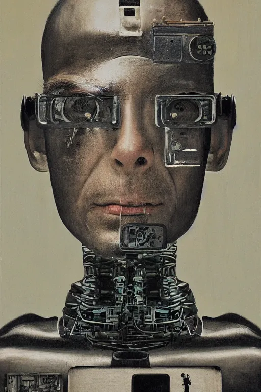 Image similar to robot monk painting a self - portrait on a canvas. intricate, highly detailed, photorealistic, film still, by christopher doyle.