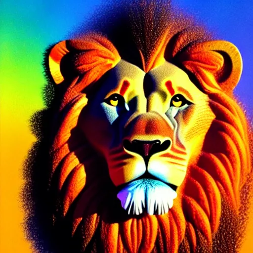 Image similar to lion made of rainbow sand, multicolor, colour in fringes, very colourful, volumetric light, cinematic, extremely detailed, cgi, trending on artstation, hyper realistic, hd wallpaper, sharp, michael whelan, ted nasmith