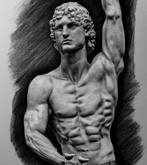 Prompt: tattoo design sketch of the statue of david broken, in the style of den yakovlev, realistic face, black and white, realism tattoo, hyper realistic, highly detailed