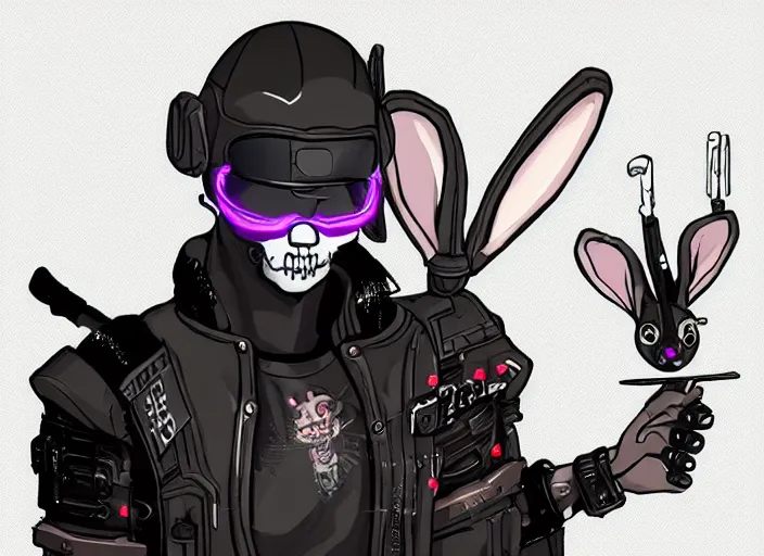 Prompt: cyberpunk character in working uniform with a scull mask with bunny ears , conceptart character