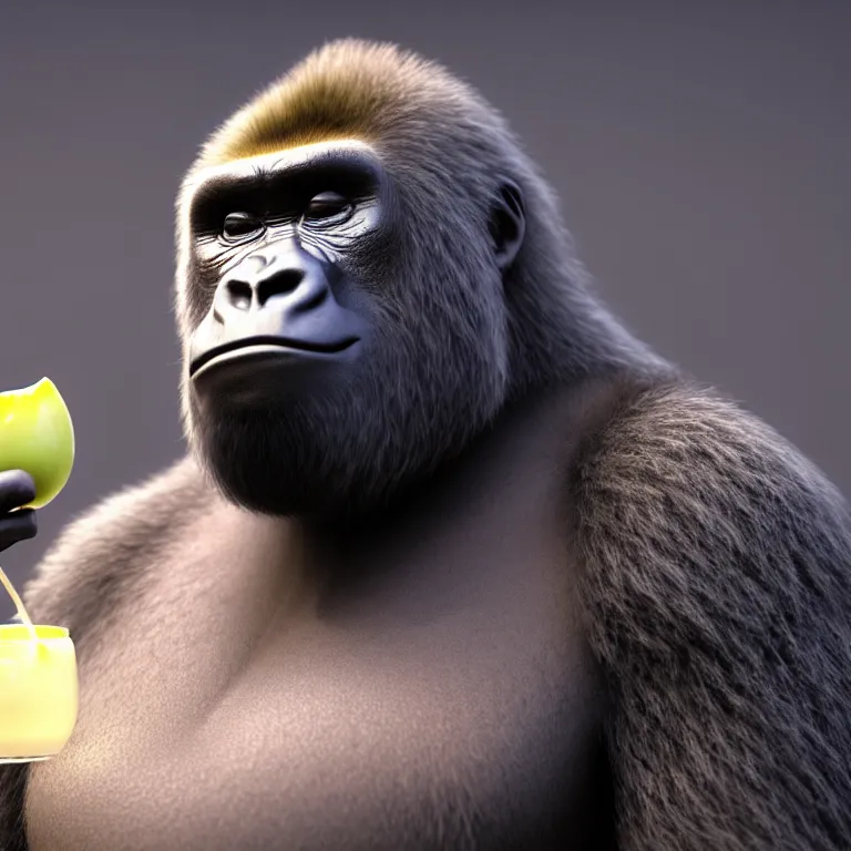 Image similar to a cinematic shot of gorilla wearing yogurt, wearing yogurt, wearing yogurt, octane render, volumetric lighting, nvidia raytracing demo, by Andy Thomas, Mario Martinez, Daniel Mirante, Gustave Dore, Artstation, CGsociety, masterpiece