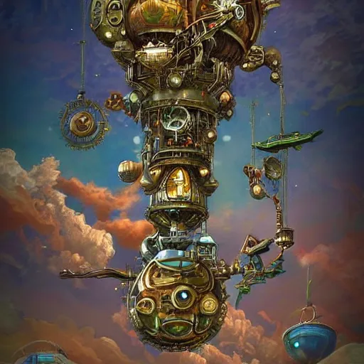 Prompt: flying city in a mechanical flower, sky, fantasy art, steampunk