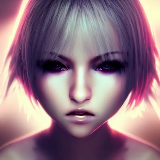 Image similar to a douyin egirl portrait glowing white glowing eyes white skin grunge evil cute kawaii, 3 d render, hyper realistic, final fantasy 1 2 style, hyper realistic, humanlike