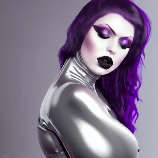 Prompt: portrait of a curvy feminine hot pale goth woman with elaborate, elegant, tight silver nylon, latex and silk outfit, black lipstick and purple makeup, cgsociety, realistic, highly detailed, attractive, 16k, smooth, sharp focus, trending on ArtStation, hyperdetailed, volumetric lighting