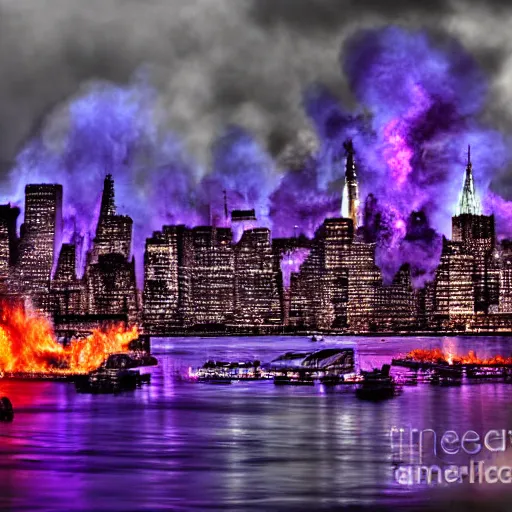 Image similar to new york burning purple fire, ultra detailed, great quality photograph