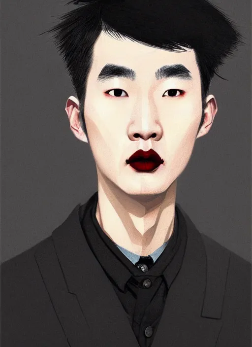 Image similar to portrait of a korean man with a crooked nose and a confident expression, 1 9 6 0 s, black clothes, goth, punk, brightly coloured hair, funk, intricate, elegant, highly detailed, digital painting, artstation, concept art, smooth, sharp focus, illustration, art by wlop, mars ravelo and greg rutkowski