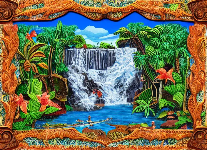 Image similar to colorized stylized bas relief sculpture of a tropical paradise with a waterfall and a detailed ornate frame in mexico folk art style