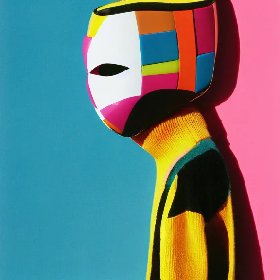 Prompt: model in abstract plastic geometric mask wearing baggy colorful 9 0 s jacket by rick owens. magazine ad. pastel brutalist background.
