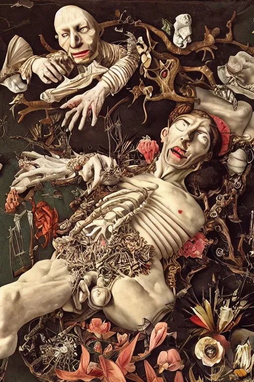 Prompt: Detailed maximalist portrait a man lying on bed with the boogie man hovering over him. exasperated expression, botany bones, HD mixed media, 3D collage, highly detailed and intricate, surreal illustration in the style of Caravaggio, dark art, baroque