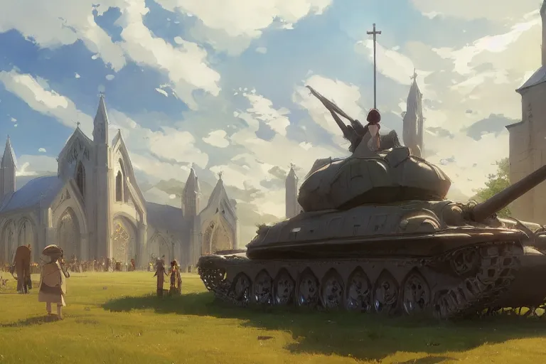 Image similar to concept art of a huge church mounted on a tank aka churchtank in an open field, key visual, ambient lighting, highly detailed, digital painting, artstation, concept art, sharp focus, by makoto shinkai and akihiko yoshida and greg manchess