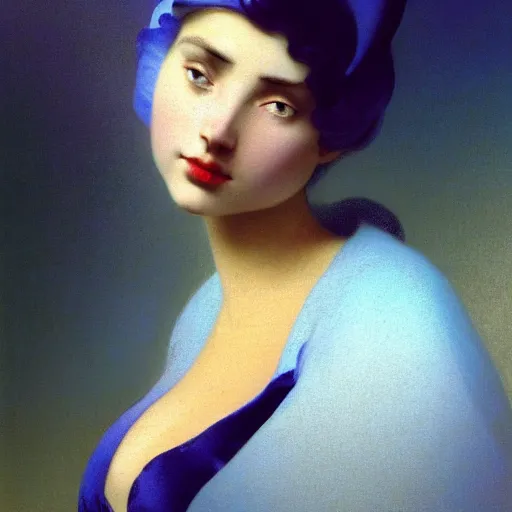 Image similar to a young woman's face, her hair is white and she wears a cobalt blue satin cloak, by ivan aivazovsky and syd mead and moebius and gaston bussiere and roger dean and pieter claesz and paul delaroche and alma tadema and aelbert cuyp and willem claesz, hyperrealistic, volumetric light, octane render