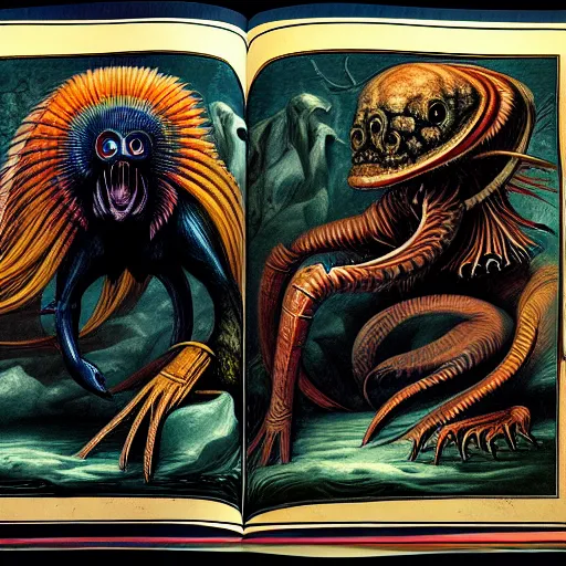 Image similar to bestiary of creatures from the depths of the unconscious psyche