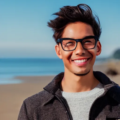 Prompt: a young male model, smiling with glasses staring at the camera in a casual jacket, beach background, professional portrait photography