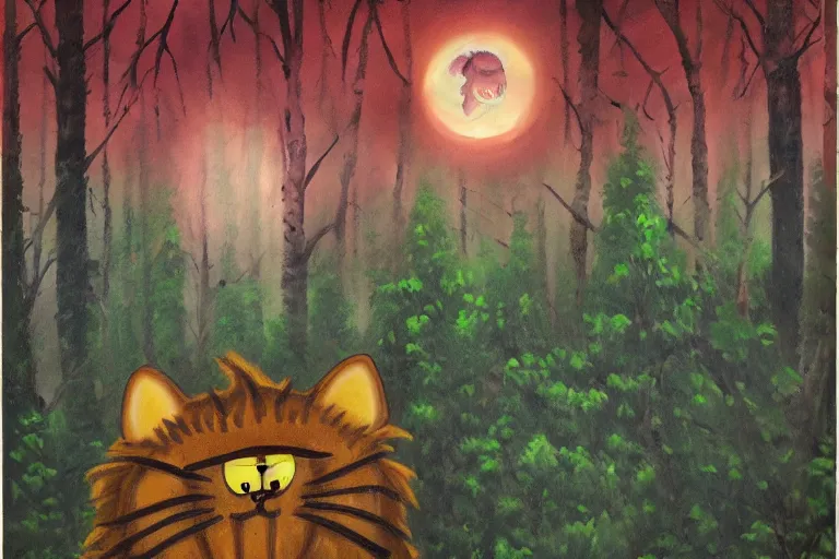 Prompt: a monstrous creature with the face of Garfield the cat, forest setting, oil painting, horror, dim lighting, pale moon seen through the trees